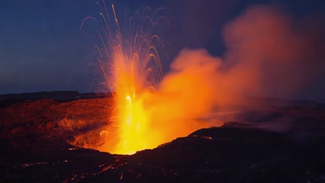 dramatic nighttime volcanic eruption with flowing lava and explosions