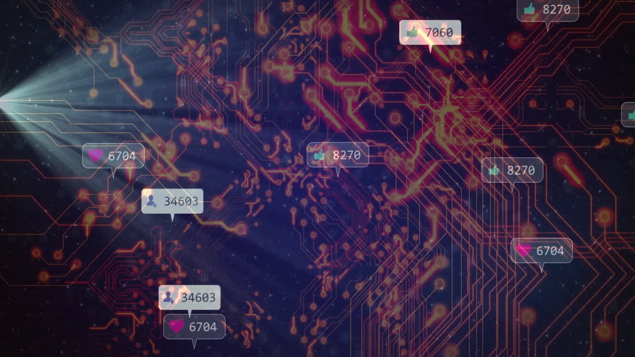 Animation of social media notifications over digital circuit board in school setting