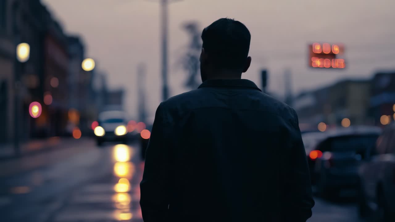 밤에 도시 거리를 고 있는 남자