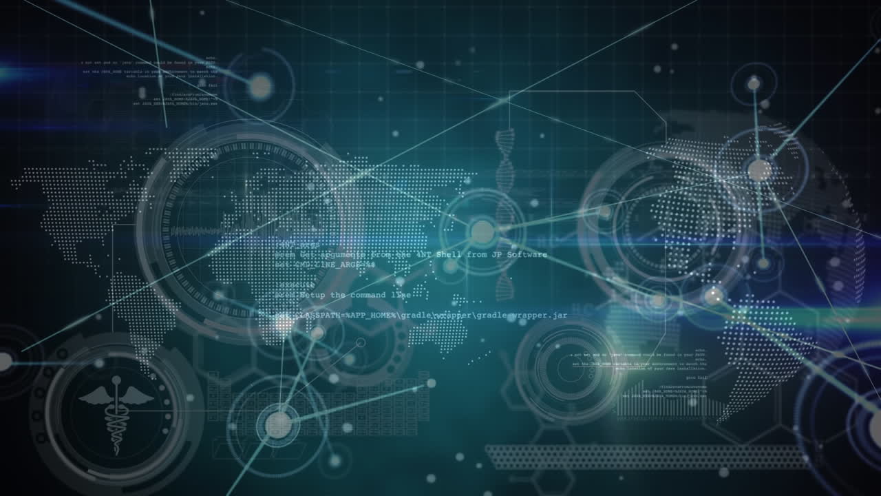 animación de la red de conexiones sobre procesamiento de datos y globo sobre fondo negro