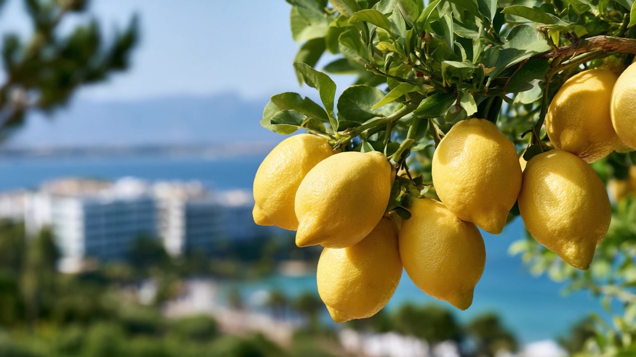 Un vibrante albero di limoni con rigogliosi limoni gialli appesi su un sereno paesaggio costiero, che mostra la bellezza rinfrescante della natura e il raccolto abbondante