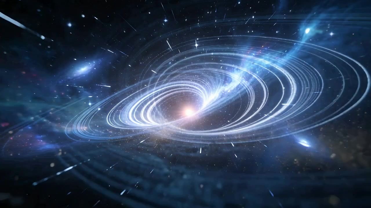 Telecamera che zooma chiudendo gli anelli, nucleo che diventa arancione e blu, polvere di nebulosa che scorre per un sorvolo nello spazio