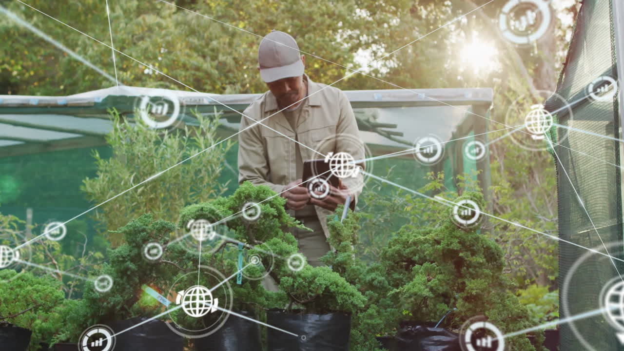 정원에서 태블릿을 사용하는 사람, 네트워크 연결으로 둘러싸인 사람 애니메이션