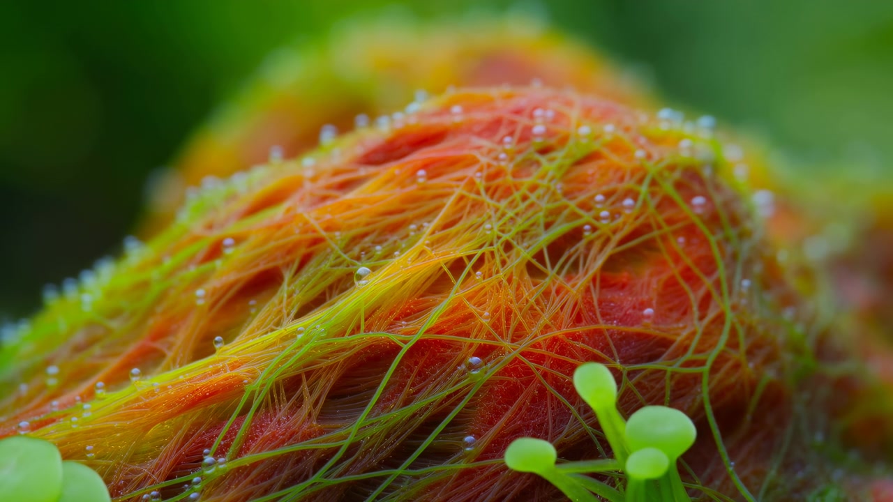 Vista macro oblicua extrema que muestra pelos de plantas curvos de color rojo anaranjado y finos filamentos amarillo verdosos cubiertos de diminutas gotas de rocío, creando brillos intensos, un desenfoque suave, una textura rica y un detalle natural fresco.