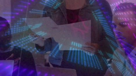 animation of digital tunnel over diverse business people using laptop in office