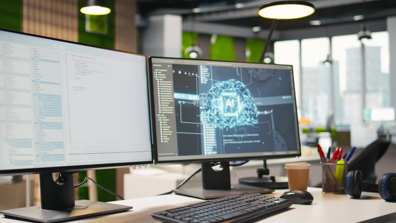 Advanced Ai Algorithms Running On Computer Monitors In Empty Startup
