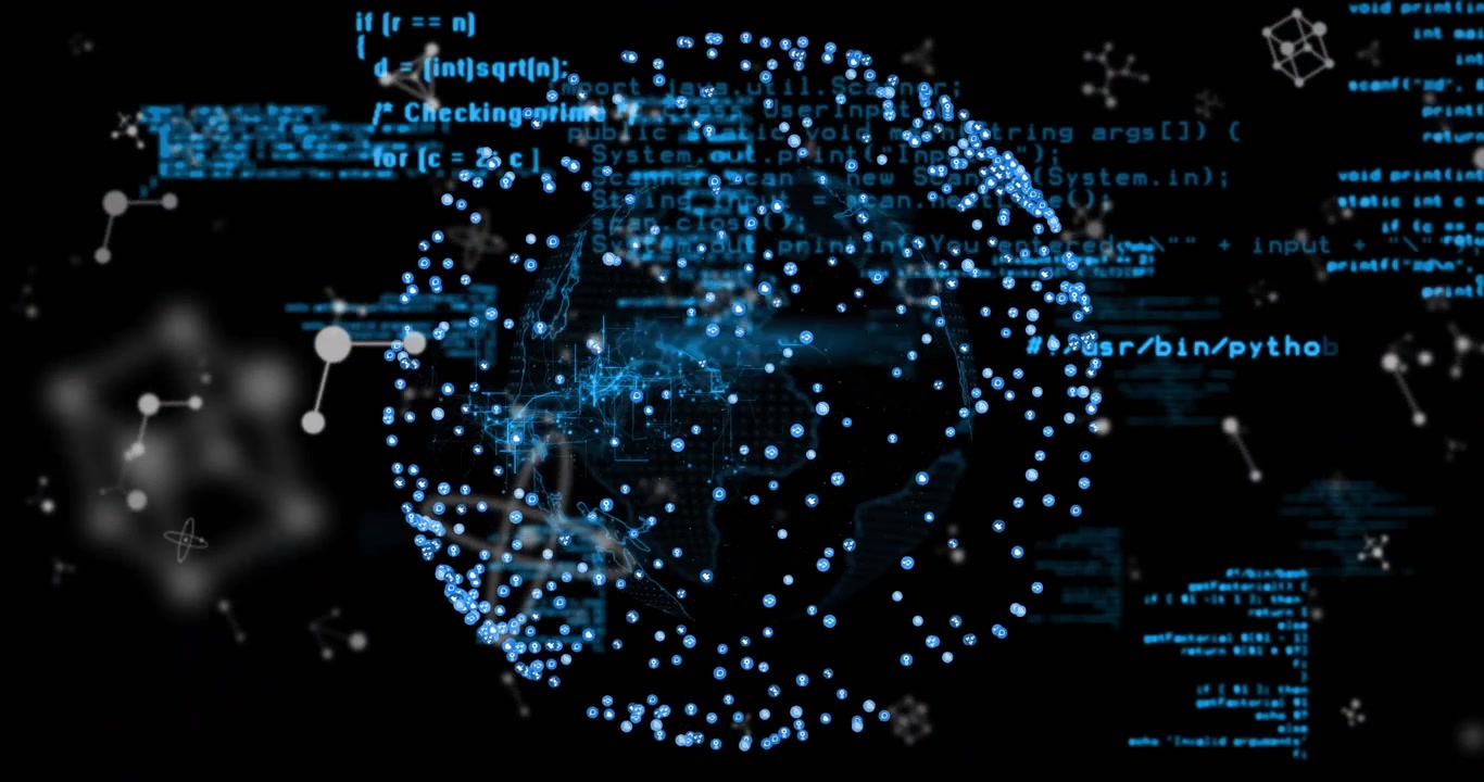 On startup data globe emerging rotating while code scrolling and shapes pulsing visualizing flow