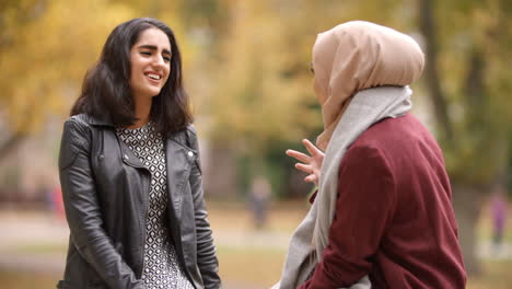 two british muslim women meeting in urban park