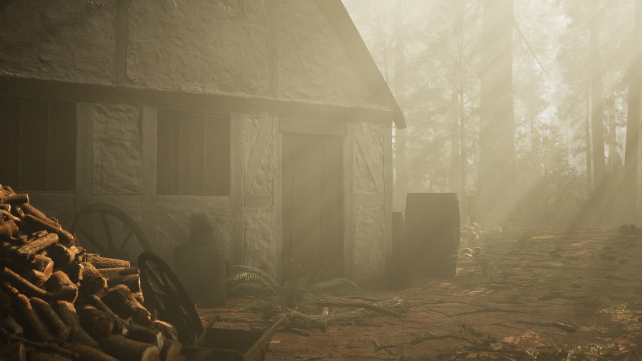 vieja casa de madera en el bosque de otoño