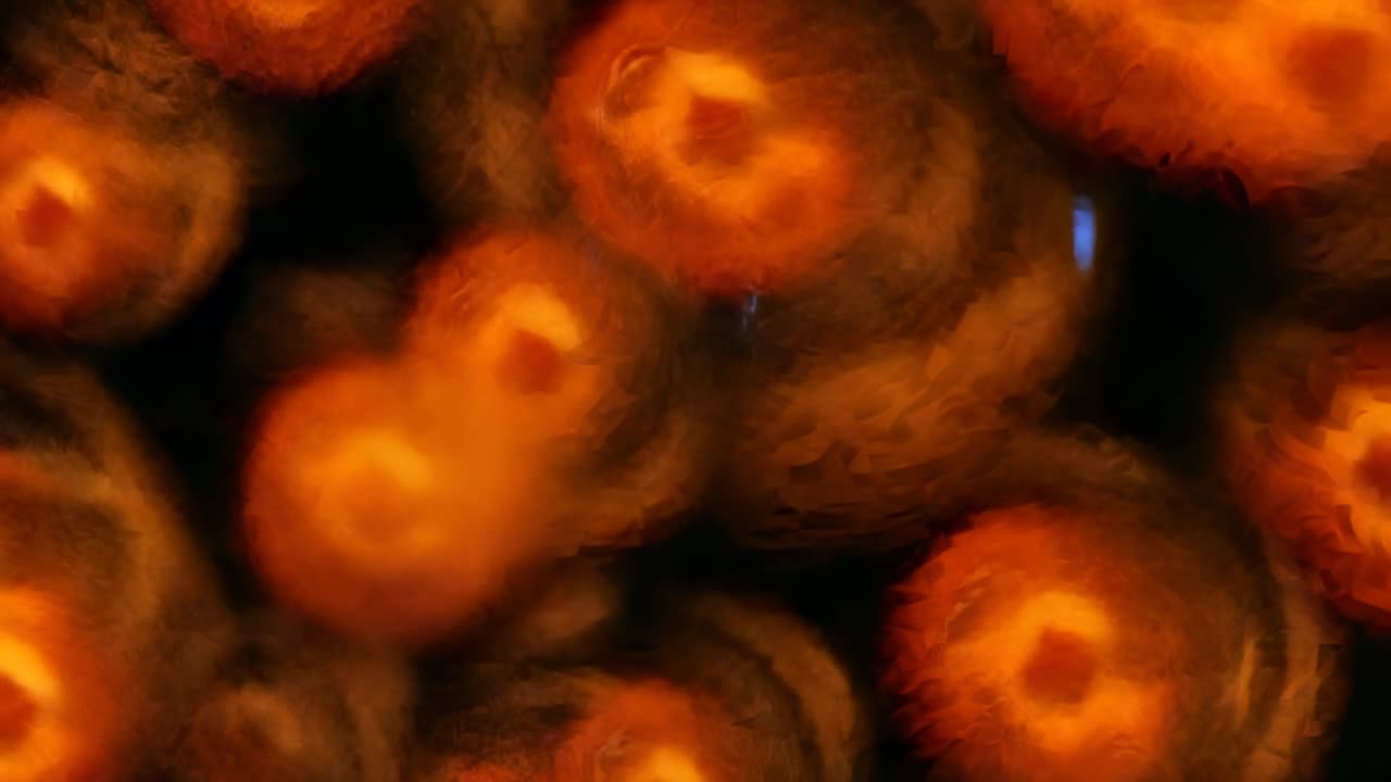 Displaying on start abstract glowing orange rings swirling and pulsing in black void, changing glow