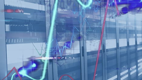 animation of data processing with world map over server room