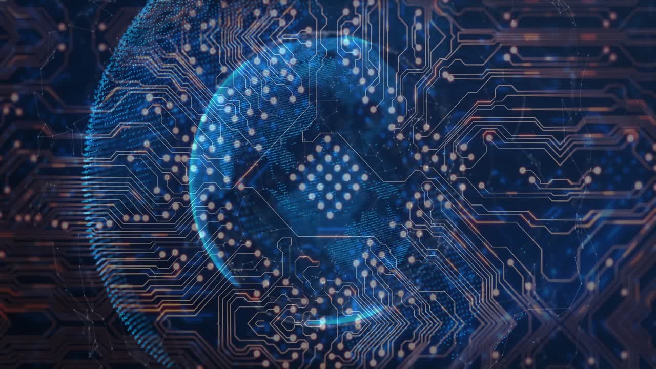 Central grid starting nodes moving along gold traces while blue orb rotating pulsing showing data