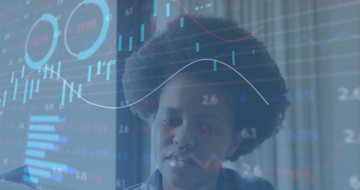 Animation of multiple graphs, loading circles and trading board over african american woman