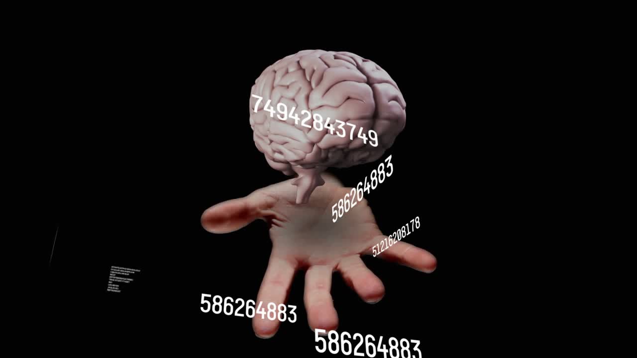 Rotating white digits unveiling floating brain above hand, hovering and rotating visualizing data