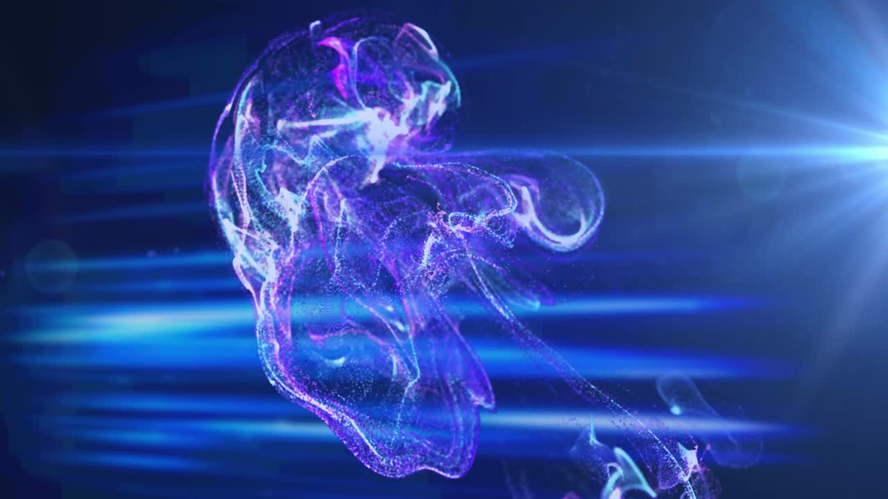 검은 바탕에 움직이는 밝은 파란색과 분홍색 입자 형태와 파란색 빛의 애니메이션