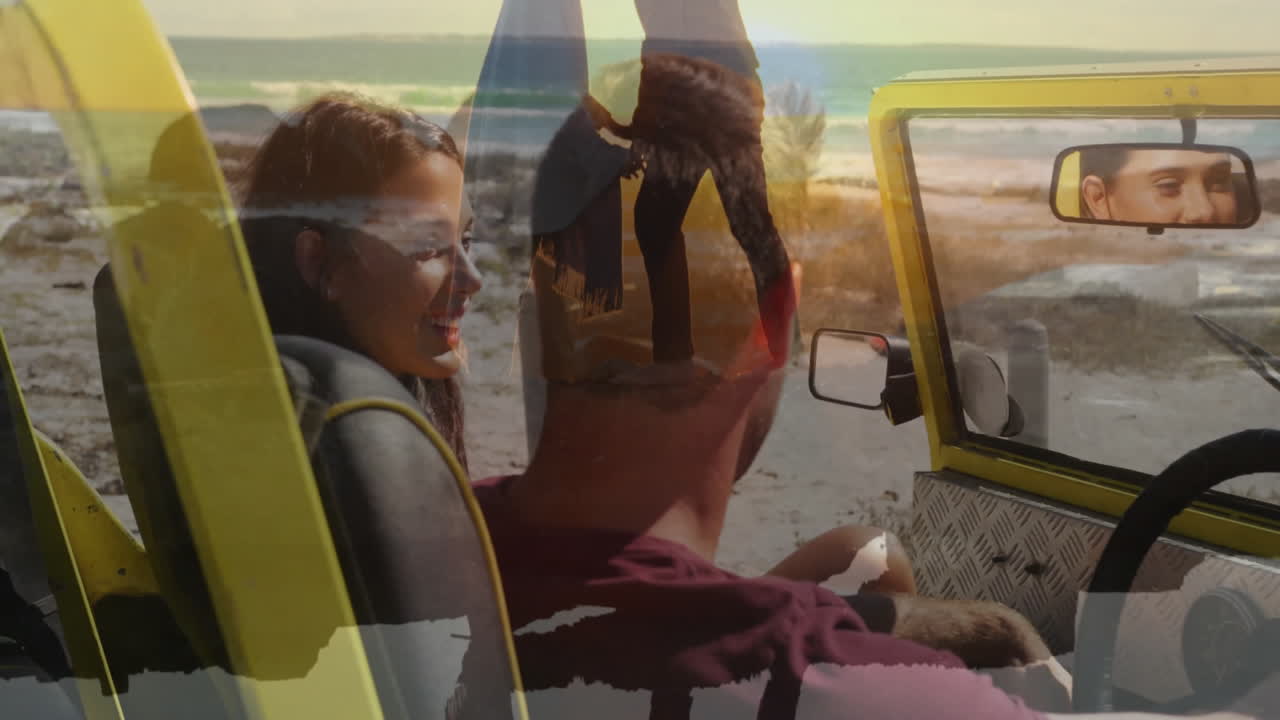 Driving on beach, couple with animation of people walking on sand