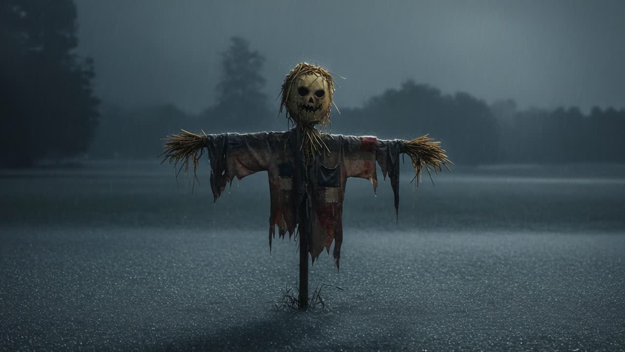 Mysterious Scarecrow Stands Alone in the Rain, Surrounded by a Gloomy Landscape, Eliciting Intrigue and a Sense of Unease Under the Dark Sky