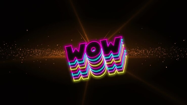 Animazione del testo 'wow' su luci arancioni e onda