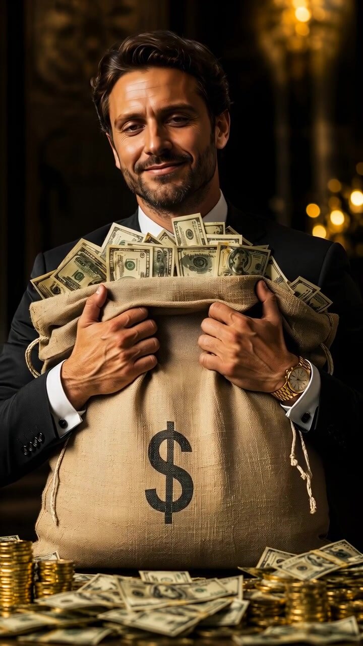 Uomo in abito scuro sartoriale e cravatta nera afferra con entrambe le mani un'enorme sacca di iuta piena di soldi mentre banconote da un dollaro sparse e pile di monete d'oro si riversano intorno a lui in una calda e drammatica luce interna, con denaro, contanti