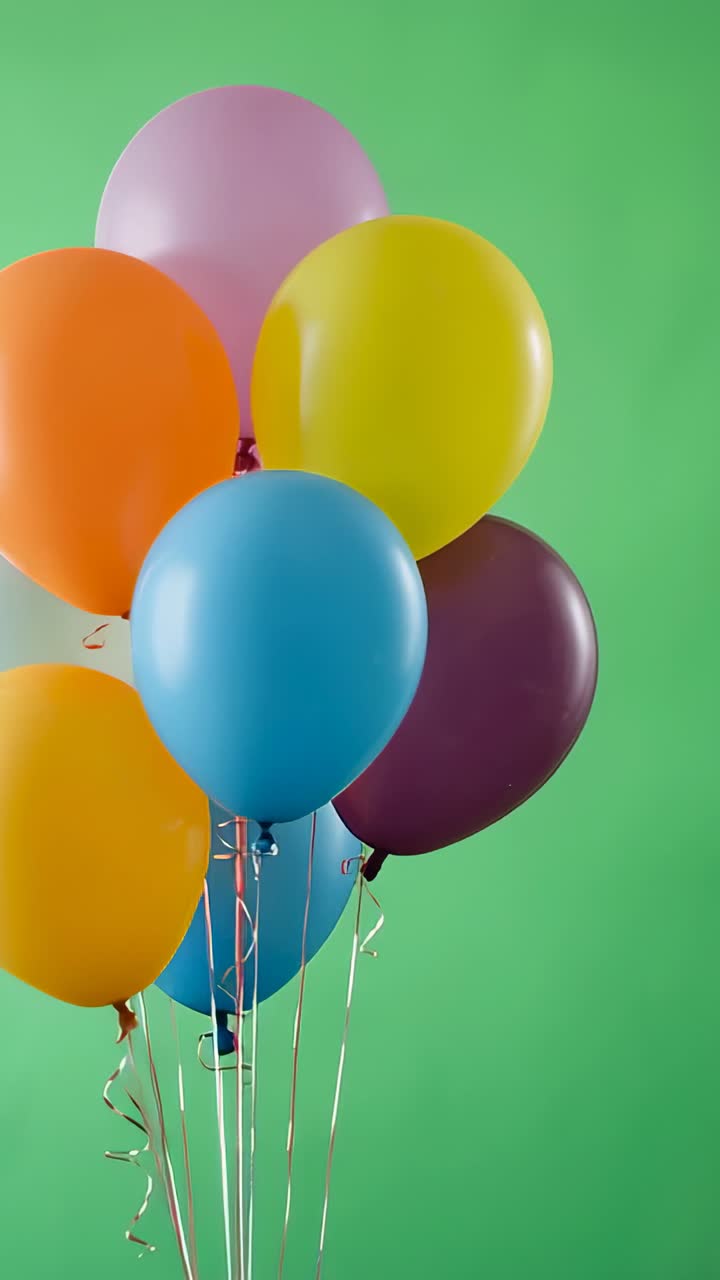 Vertical video: Camera stabilizing balloon cluster swaying against green wall, with metal ribbons