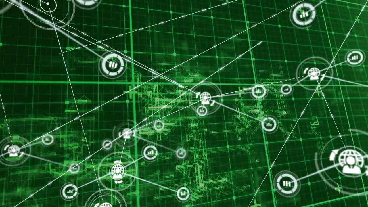 White circular nodes connecting via thin lines across green grid, showing reticle and pulsing rings