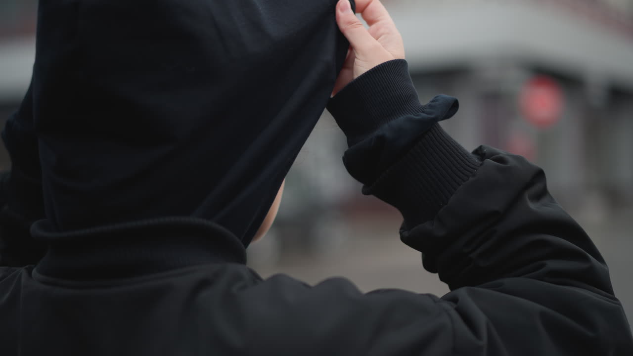 Stadtfrau zieht Kapuze im Regen hoch, richtet geflochtenes Haar mit Regentropfen, glänzendes Pflaster und verschwommene Schaufenster, nachdenkliche Stimmung, während sich die Fußgängerin auf den Regenguss vorbereitet, authentisches Straßenporträt.