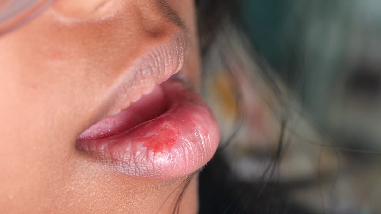 mujer con úlceras en los labios