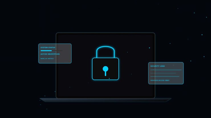 Digital Security Interface with Glowing Padlock Icon on Laptop Screen