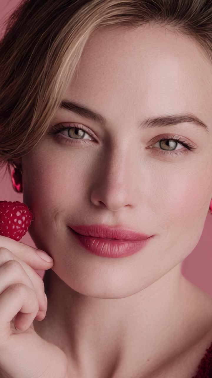 Un ritratto accattivante di eleganza e freschezza con una modella che tiene in mano un lampone su uno sfondo rosa tenue, che enfatizza la bellezza naturale, la luminosità e il fascino