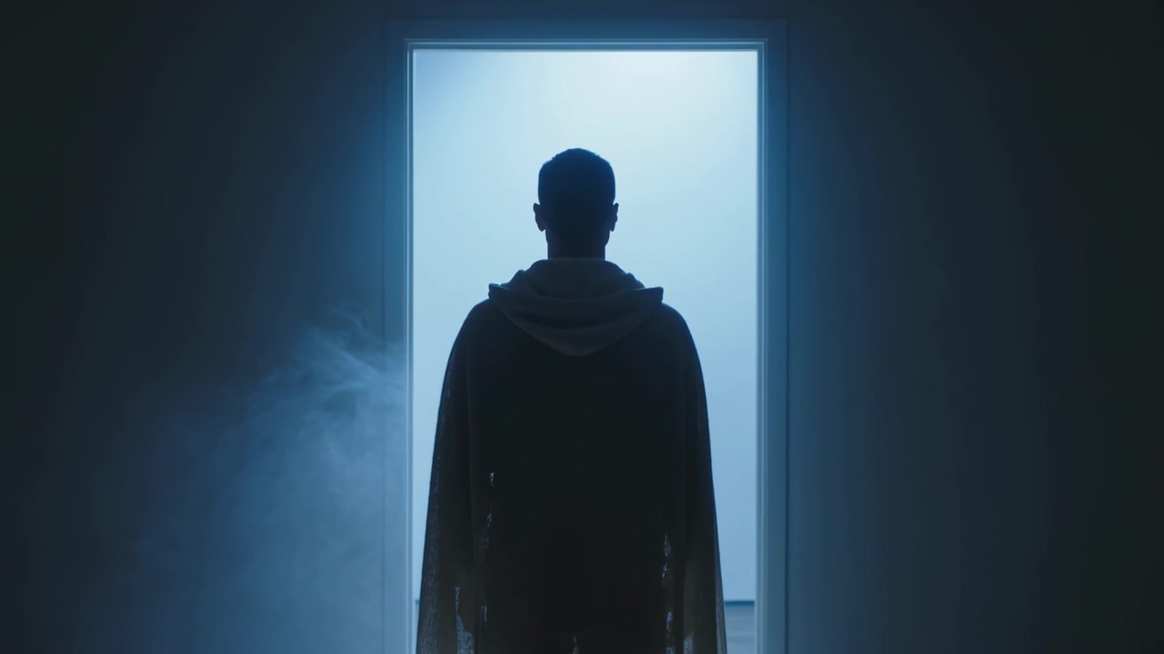 Standing cloaked figure edging forward toward bright doorway light at dark corridor, haze drifting