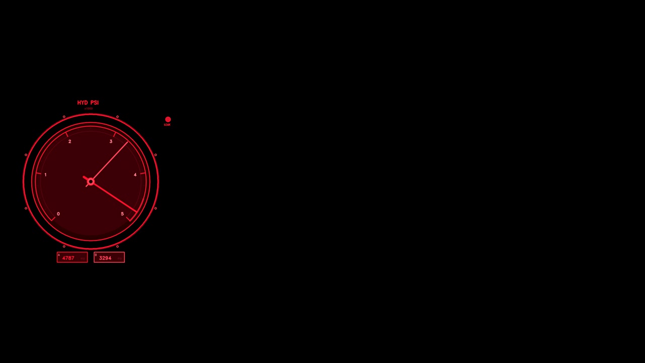 Red digital hydraulic pressure gauge featuring dual moving needles and fluctuating PSI readouts. Includes a leak warning indicator and loops seamlessly for technical overlays.