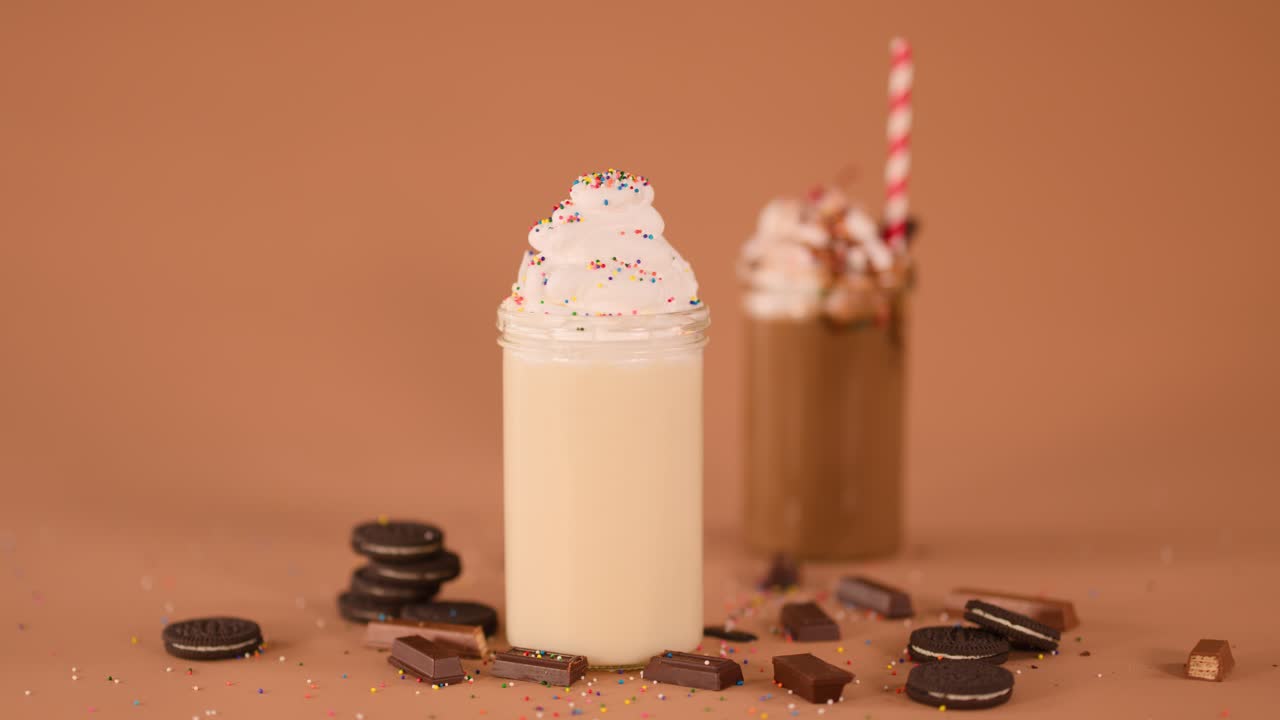 Close-up vanilla milkshake topped with whipped cream as hand gently adds cherry, warm studio lighting