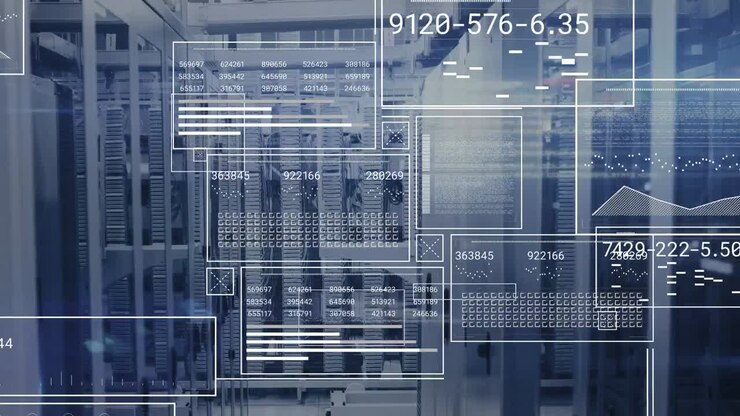 Animation of interface with data processing and light spot against computer server room