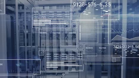 Animation of interface with data processing and light spot against computer server room