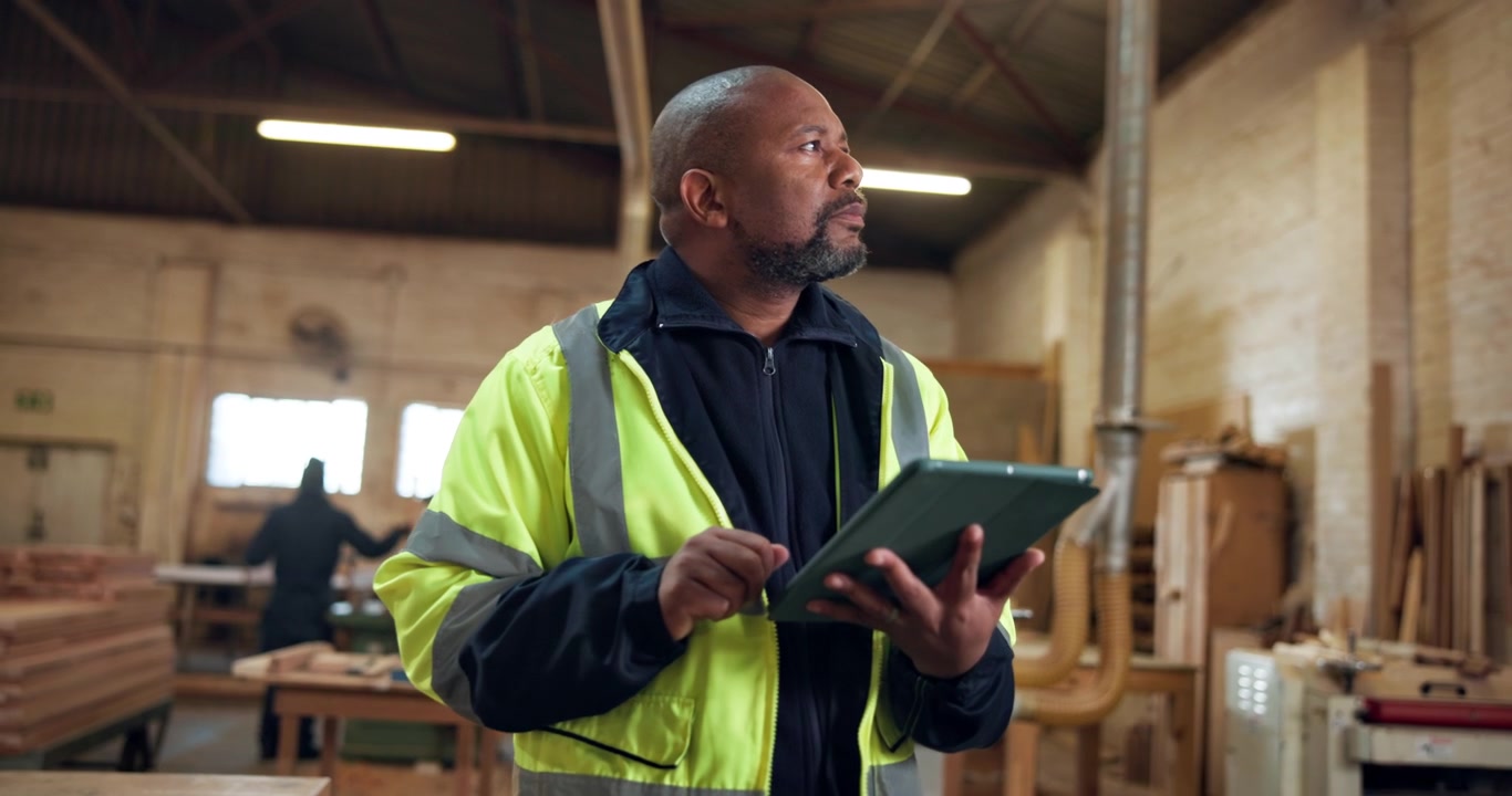 Mature African American Carpenter Using Tablet in Woodworking Workshop