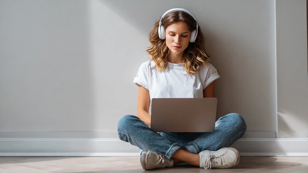 Young woman listens to music while working on laptop at home