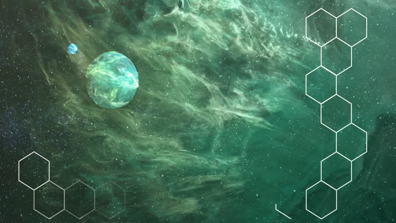 Animation of hexagons over planets on sky with stars