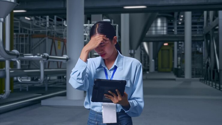 Asian Female With Her Tablet in Distillery Interior With Large Fermentation Tanks, She Is Nodding Her Shead With Dissapionted
