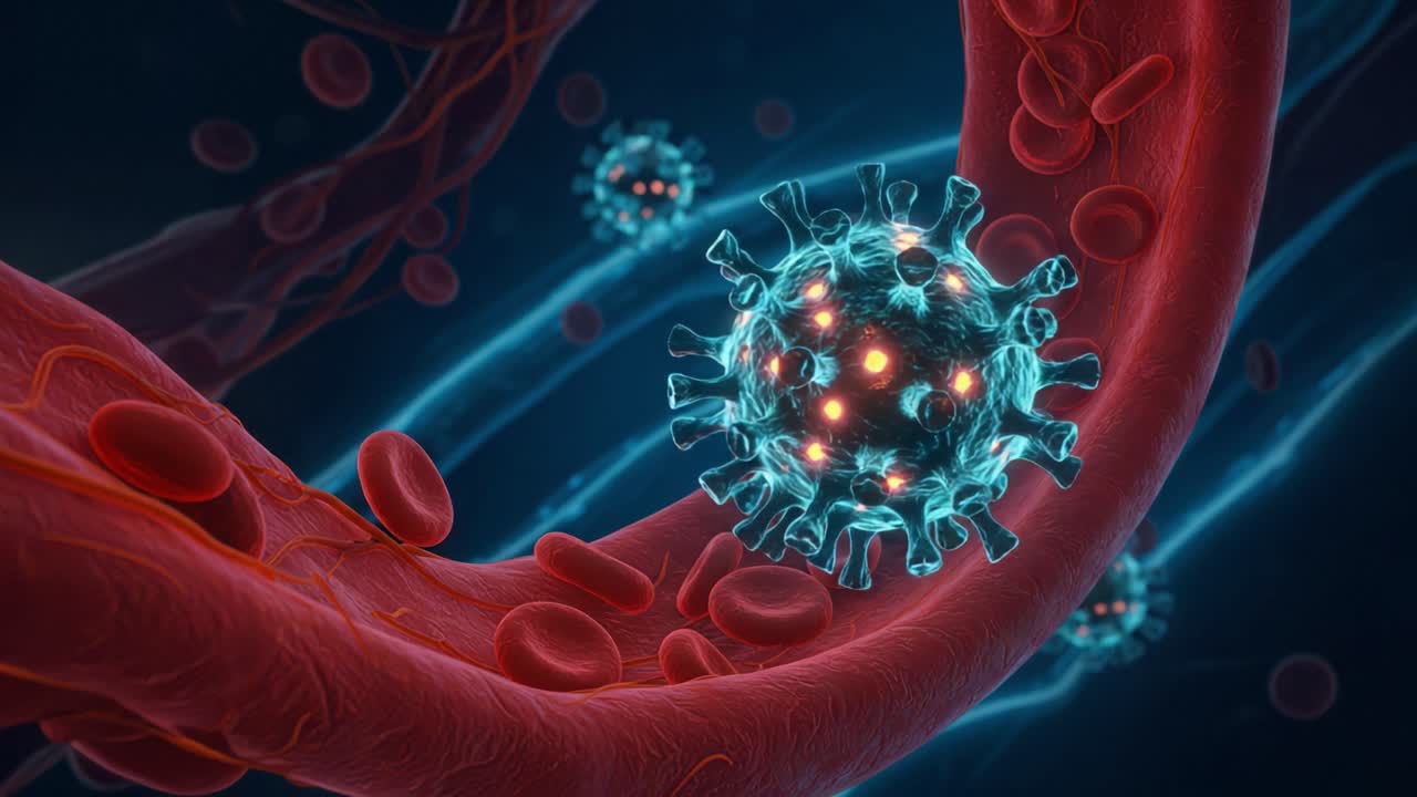 Detailed Visualization of a Virus in Bloodstream, Highlighting Its Structure and Surrounding Red Blood Cells Under Microscopic Examination