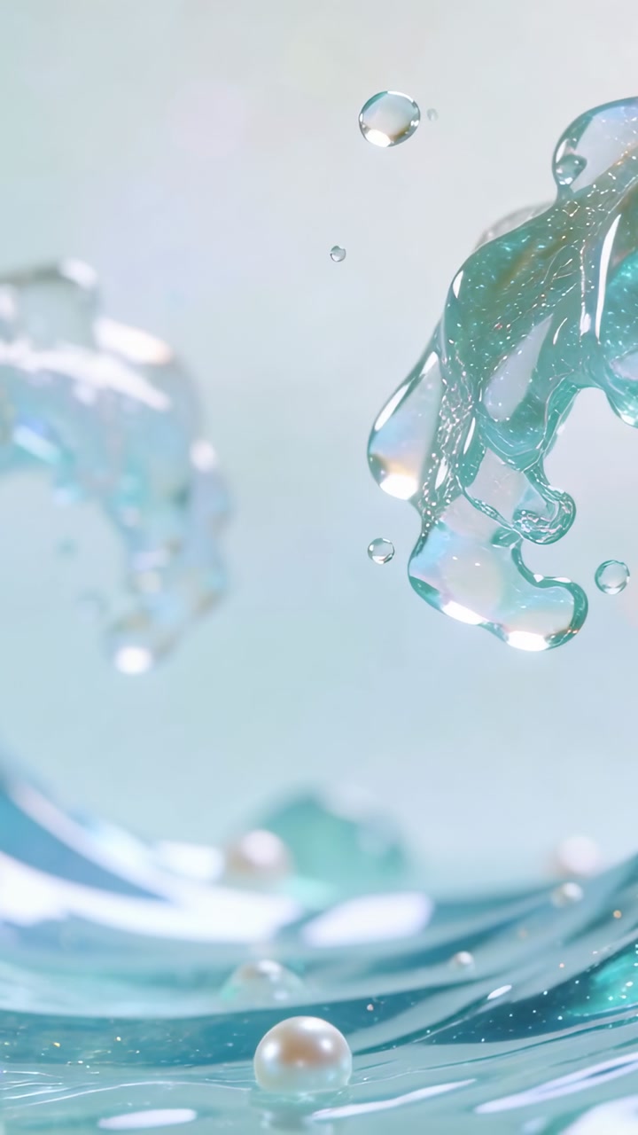 Vertical video: Impact sending turquoise splash and drops toward glossy surface with pearls in CGI