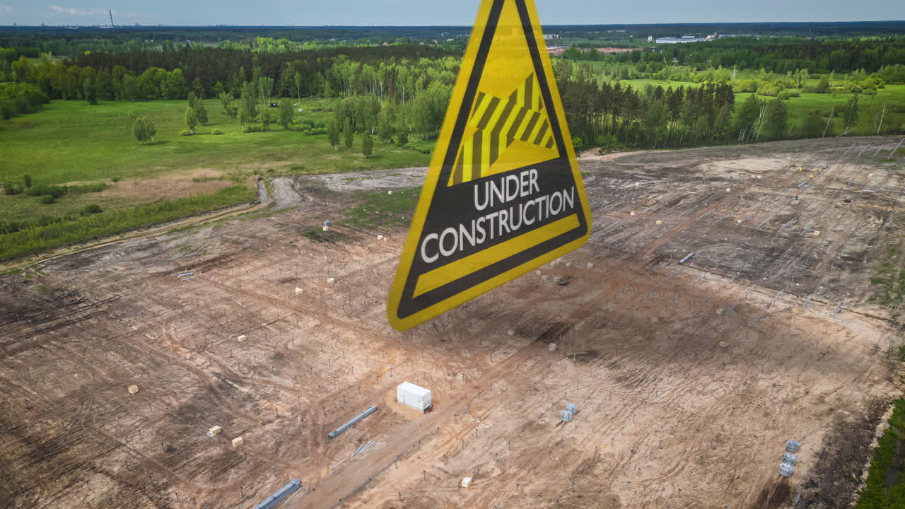 Large construction project on newly cleared land in the countryside - aerial hyper lapse with yellow triangle warning graphic animation