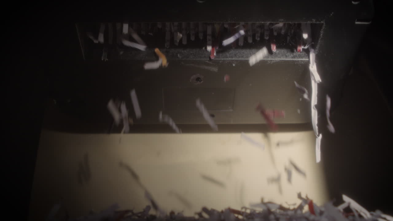 Shredder Cutting Paper From Below In Slow Motion, Empty Basket, Hard Light, Soft Net Filter
