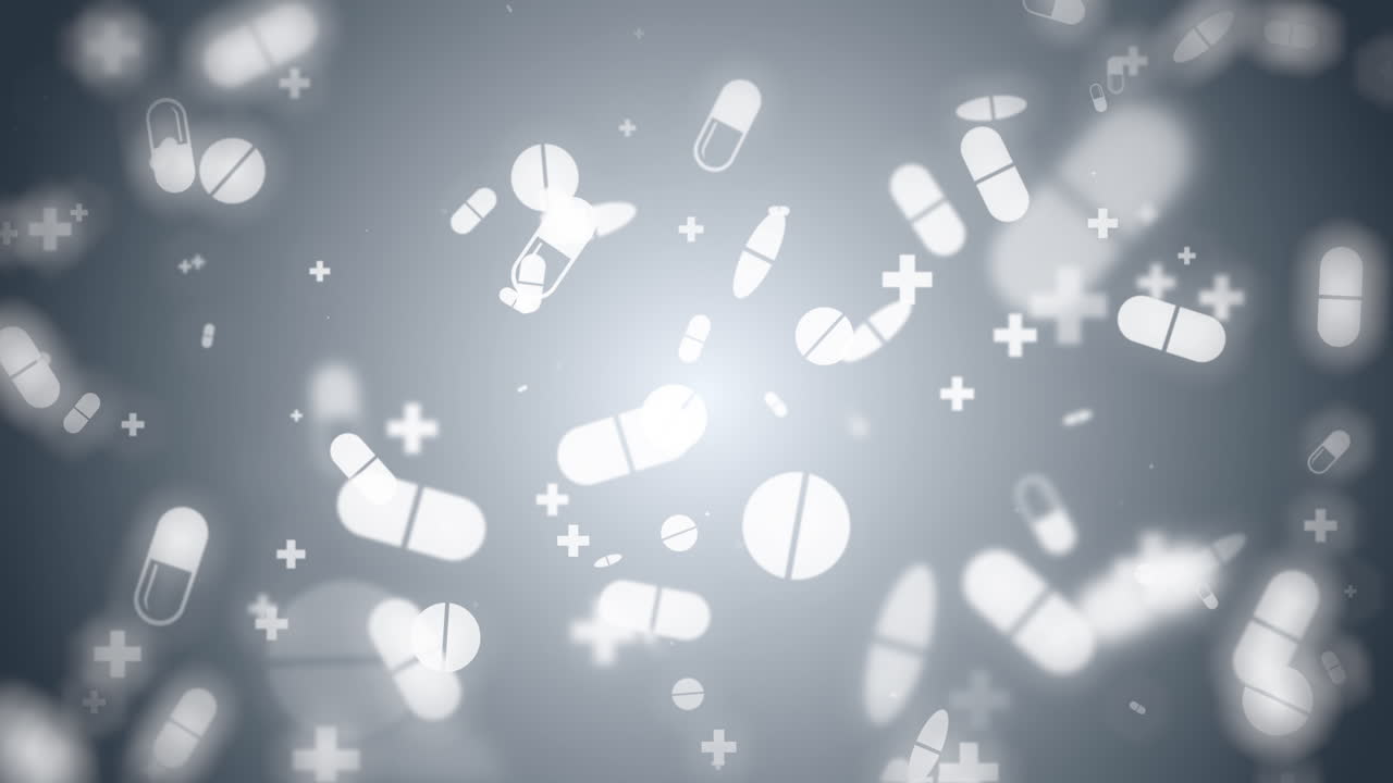 Animated fly white medicine pills and capsules. Pharmaceutical tablets, medical drugs, vitamins and supplements for healthcare. Loop motion graphic.
