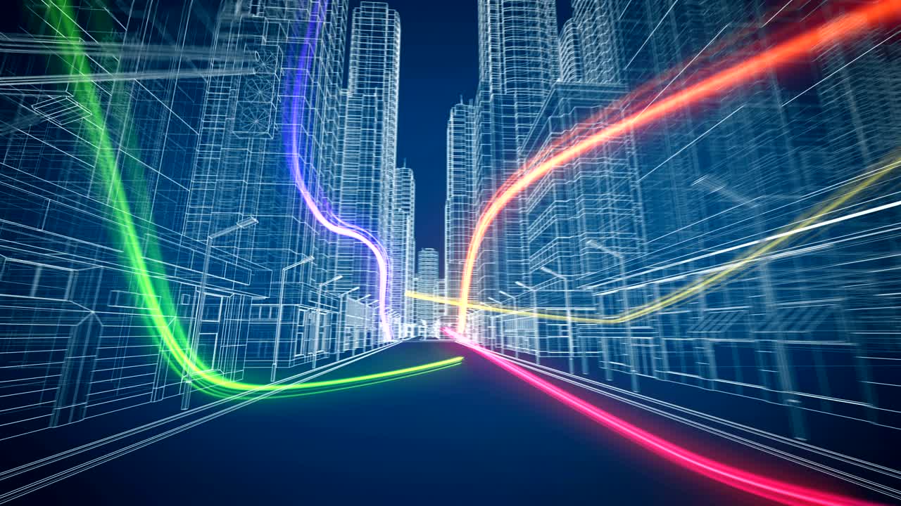 아름다운 현대 추상 도시 그리드를 통해 날아가는 다채로운 디지털 스트림, 디지털 및 기술 개념, 루프 3d 애니메이션.