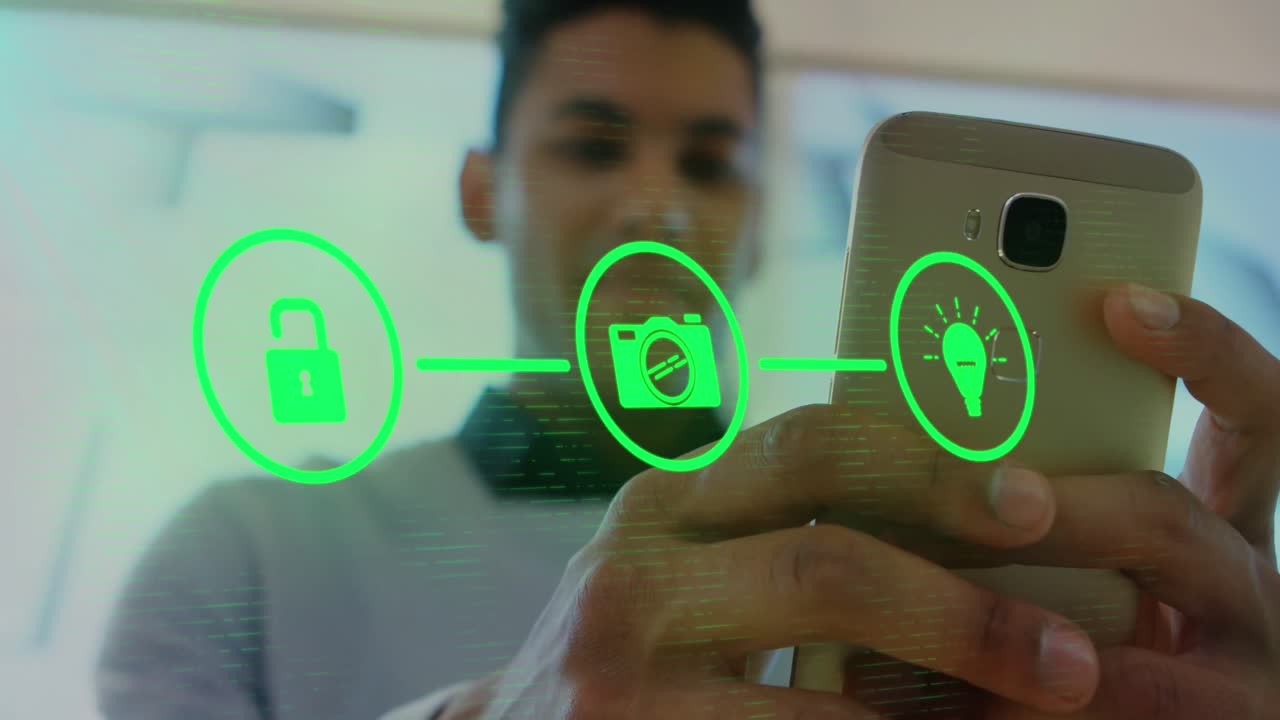 анимация сети с цифровыми иконами над двухрасовым человеком, использующим смартфон