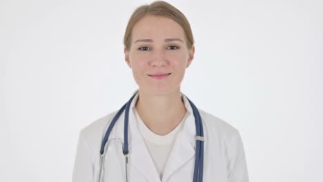 female doctor talking on online video call on white background