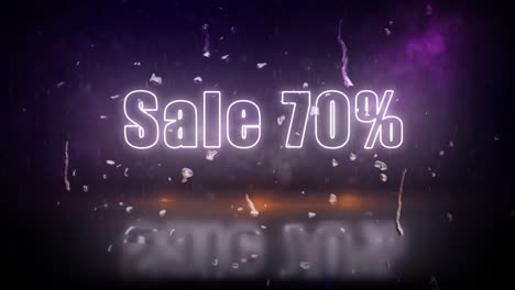 "sale 70%" neon lights sign revealed through a storm with flickering lights