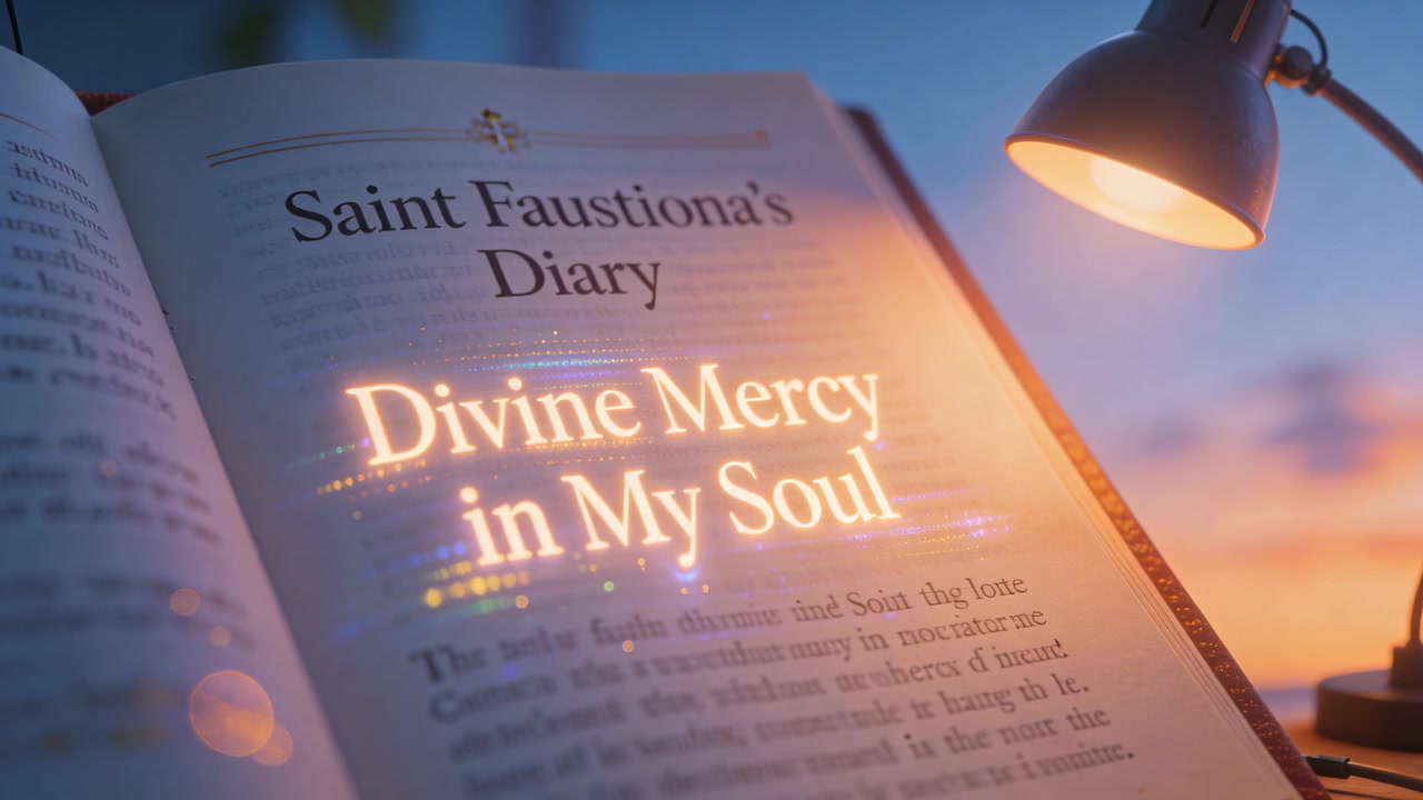 Sparkling headline Divine Mercy in My Soul starting shimmering, highlighting title, lamp glowing