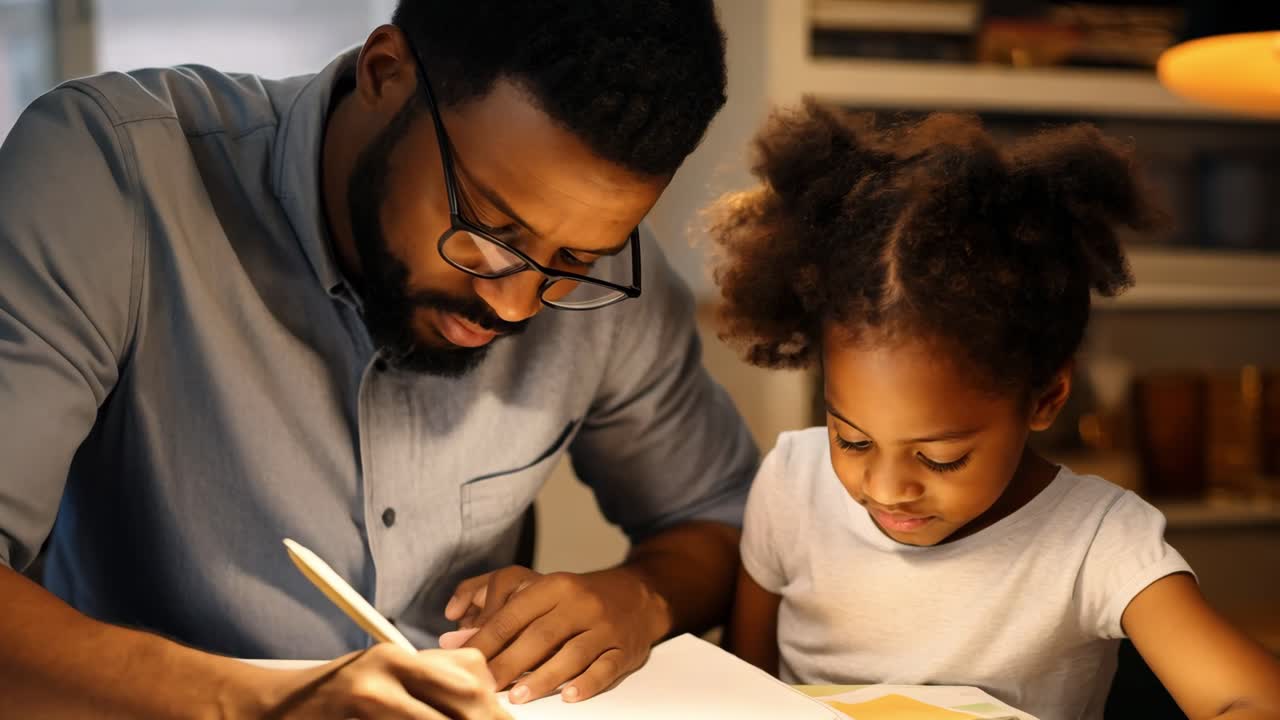Father helping elementary school student with homework, supporting learning process with gentle guidance and attentive supervision in comfortable home setting