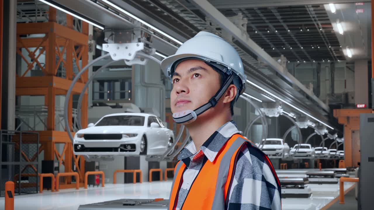 안전 헬을 입은 아시아 남성 엔지니어가 ev 자동차 공장에서 서서 주변을 둘러보고 있는 근접한 측면 시각
